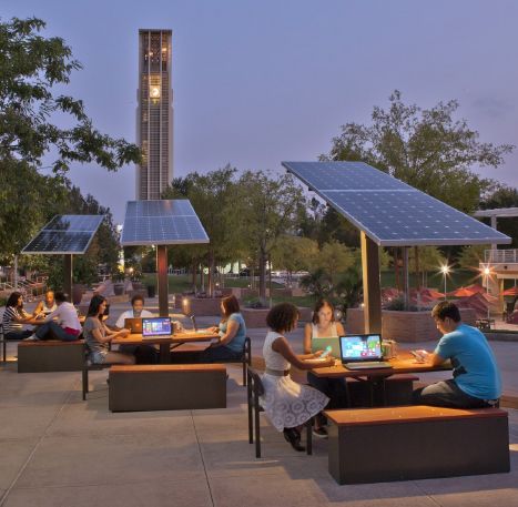 Solar Charging Station, University Of California Riverside, Off Grid Solar Power, Outdoor Learning Spaces, Campus Design, Outdoor Office, Urban Furniture, Outdoor Learning, Study Areas