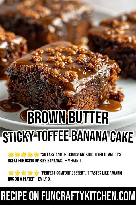 Brown Butter Sticky Toffee Banana Cake - FunCraftyKitchen Toffee Glaze, Moist Banana Cake, Side Dishes For Salmon, Comfort Desserts, Toffee Sauce, Banana Cake Recipe, Hamburger Steak, Sticky Toffee, Strawberry Smoothie