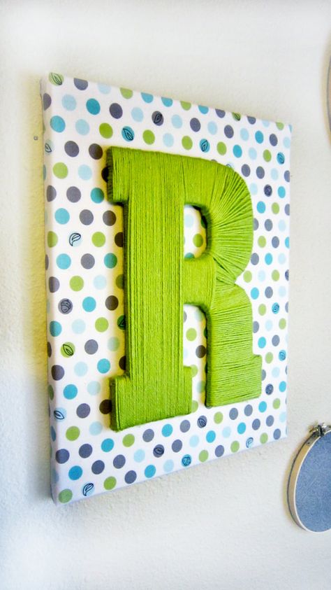 Custom Fabric Wrapped Canvas with Yarn Letter -- Could definitely decorate Travis' room with this Diy Easy Paintings, Diy Easy Paintings On Canvas, Easy Paintings On Canvas, Yarn Wrapped Letters, Yarn Letters, Baseball Fabric, Woodland Fabric, Etsy Diy, Wood Paint