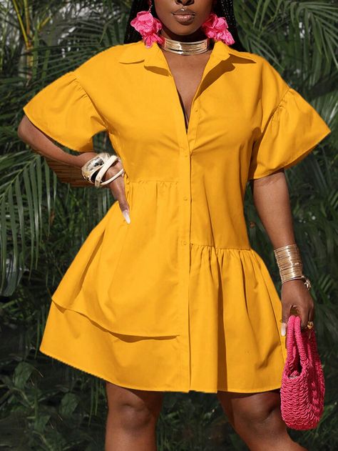 Yellow Casual,Cute Collar Short Sleeve Woven Fabric Plain Shirt,Smock Embellished Non-Stretch  Women Clothing Yellow Mini Dress Summer, Shein Dresses Summer, Yellow Dress Outfit Summer, Summer Chic Outfit, Short Yellow Dress, Yellow Shirt Dress, Loose Shirt Dress, African Print Dress Ankara, Shirt Dress Outfit