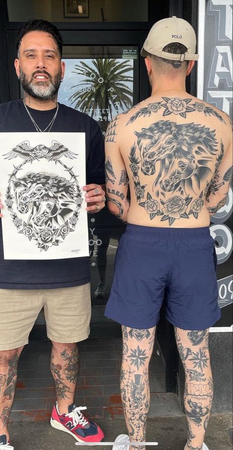 Old School Full Body Tattoo, Full Body American Traditional Tattoo, American Trad Stomach Tattoo, Old School Back Piece Tattoo, American Trad Back Tattoo, Leg Tattoo Men Old School, Traditional Backpiece Tattoo, Old School Tattoo Leg, Old School Back Tattoo