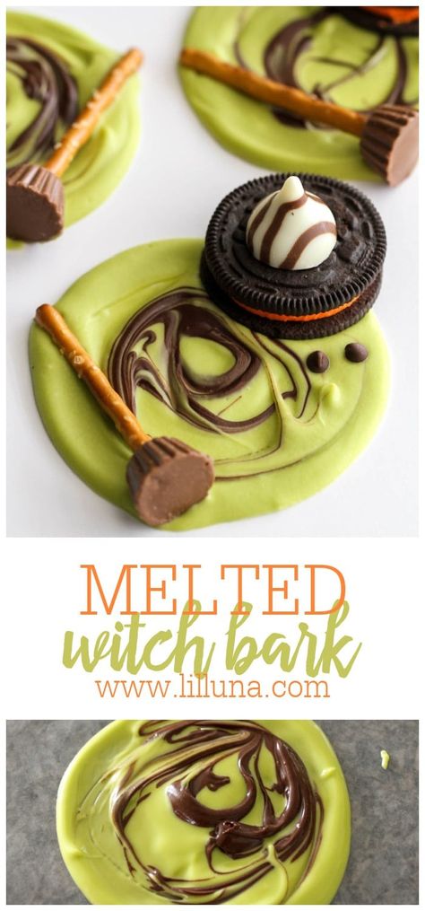 Simple sweet Melted Witch Bark is SO cute and festive. It's perfect for a party activity and tastes yummy! #meltedwitchesbark #witchesbark #meltedwitch #halloweenbark #halloween Melted Witch Cookies, Melted Witch Bark, October Foods, Halloween Treats Recipes, Halloween Edible Crafts, Bday Treats, Witchy Birthday, Halloween Meal, Wicked Party