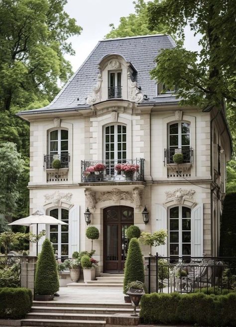 French Style Townhouse, French Suburban House, Small French Chateau Floor Plans, Parisian Exterior Design, French Provincial Architecture, Paris House Aesthetic, French Apartment Exterior, French Buildings Architecture, Small French House