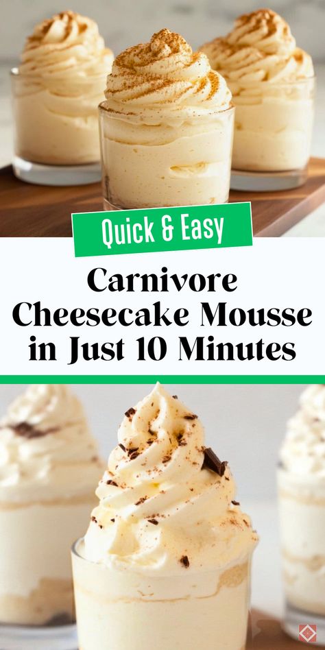 Craving something sweet but staying carnivore? This 10-minute cheesecake mousse is the perfect solution! Rich, creamy, and completely no-carb, it’s an indulgent treat that’s quick and easy to make. Save this pin to add a delicious dessert to your carnivore meal plan! Carnivore Cheesecake, Carnivore Meal Plan, Carnivore Dessert, Quick Keto Dessert, Cheesecake Mousse Recipe, Caveman Diet Recipes, Keto Pudding, Diet Desserts Recipes, Cheesecake Mousse