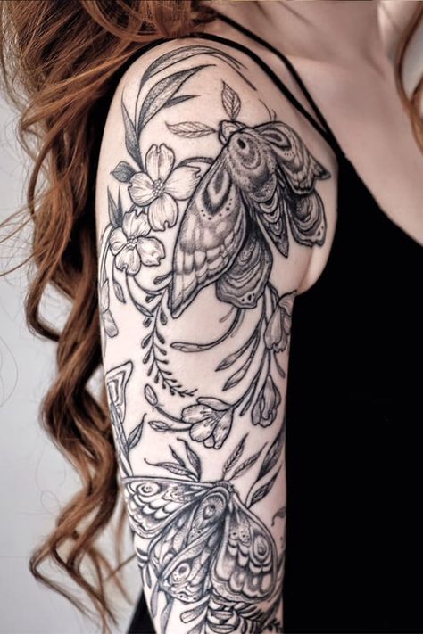 Flower And Crystal Tattoo Sleeve, Moths And Butterflies Tattoo, Lunar Moth Sleeve Tattoo, Half Sleeves For Women Tattoos, Bugs Sleeve Tattoo, Moth Half Sleeve Tattoo, Feminine Tattoo Sleeve Filler, Moth Fern Tattoo, Victorian Sleeve Tattoo