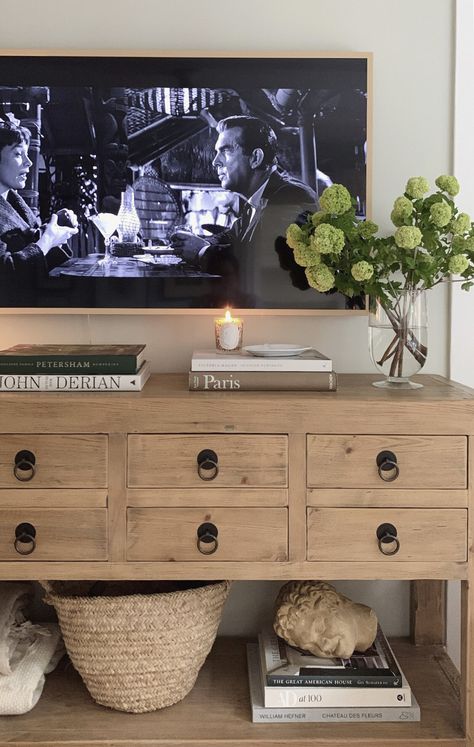 Under Tv Stand Decor, Styled Tv Console, Living Room With Tv Console Ideas, Media Console Decor Ideas, Tv Above Dresser Living Room, Tv Stand Aesthetic Living Room, Bedroom Decor Under Tv, Console Under Tv Decor, Top Of Dresser Decor With Tv