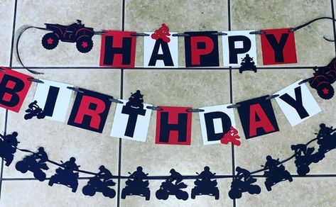 Happy Birthday Quad/atv Banner | Etsy Atv Themed Birthday Party, Four Wheeler Birthday Party Decorations, Atv Birthday Party Ideas, 4 Wheeler Birthday Party, Birthday Name Banner, White Garland, Thrill Seeking, Banner Garland, Banner Letters