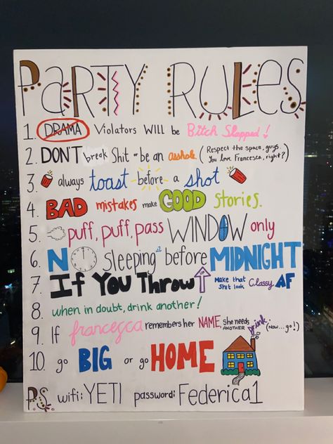 Cute 24th Birthday Ideas, What To Do On Your Thirteenth Birthday, Mens 21st Birthday Games, 21 Birthday Party Activities, Party Rules Poster Funny, 21 Birthday Theme Ideas Parties, Party Rules Poster, 21st Birthday Activities, 19th Birthday Ideas Party