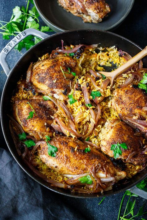 This Persian Chicken recipe is so flavorful and comforting! The savory, tender chicken and basmati rice are infused with fragrant Baharat spice - a delightful one-pan dinner that comes together quickly and easily! Persian Chicken, Feasting At Home, Middle East Recipes, Persian Recipes, Spiced Chicken, Saffron Rice, One Pan Dinner, Walnut Salad, Seasoned Rice