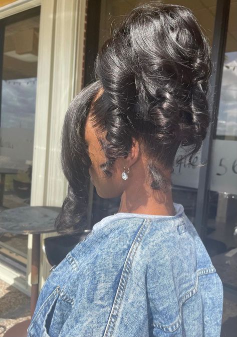 #updo Updo Hair Styles For Black Women, Pin Up Updo Hairstyles, Updos On Black Women, Up Dos For Black Women Hair Updo, Pin Curl Updo Black Hair, Pin Curl Ponytail Updo Black Hair, Pin Curl Ponytail, Curly Updo Black Women, Sew In Updo