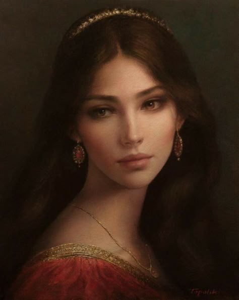 Piotr Topolski, Medieval Paintings, Medieval Woman, Long Dark Hair, Princess Aesthetic, Princess Art, Historical Art, Aesthetic Painting, Ethereal Art