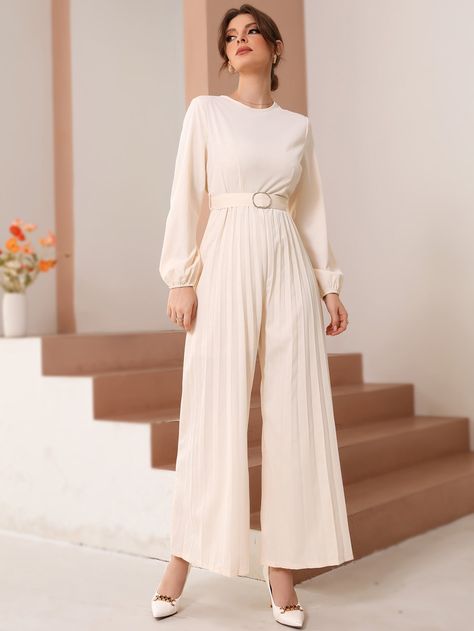 Beige Elegant  Long Sleeve Polyester Plain Culottes  Non-Stretch Spring/Fall Women Jumpsuits & Bodysuits Long Sleeve Jumpsuit Classy, Jumpsuits For Petite Women, Jumpsuit Hijab, Elegant Silk Dresses, Estilo Hijab, Classy Jumpsuit, Modest Fashion Hijab, Belted Jumpsuit, Classy Dress Outfits