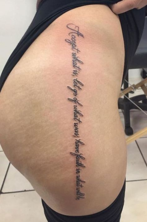 Tattoos Of Quotes For Women, Word Tattoo Down Side Of Leg, Tattoos Of Strength For Women, Rib Cage Tattoos For Women Quotes, Inspirational Quotes Positive Tattoo, Inspired Tattoos For Women, Word Placement Tattoos, Spine Tats Quotes, Bible Symbols Tattoos