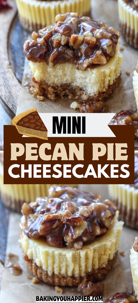 Mini Pecan Pie Cheesecakes, these decadent little cheesecakes are topped with a rich and delicious gooey, crunchy pecan pie topping! Mini Cheesecake Pies, Mini Pecan Pie Cheesecake Recipe, Gluten Free Pecan Cheesecake, Thanksgiving Mini Cheesecakes, Mini Pecan Pies Easy, Pecan Pie Topping For Cheesecake, Mini Thanksgiving Pies, Kentucky Derby Pecan Pie Cheesecake, Mini Pecan Pie Cheesecakes