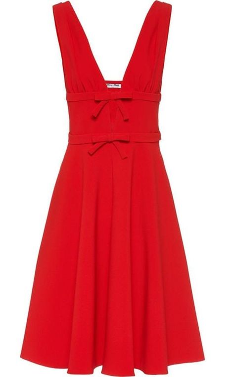 Women's Miu Miu Bow-embellished Cady Dress - Red - Casual dresses Bright red fabric and a deep v neck are the defining elements of this miu miu dress, designed to celebrate the female form with delicate elegance. Two bows hold the top bands together, enveloping the chest and revealing the top of the back. The knee-length skirt falls softly on the hips, creating fluid movement. 71% triacetate, 29% polyester. Lining: 100% viscose. Dry clean. Made in italy. Miu Miu Dress, Runway Dresses, Fall Skirts, Knee Length Skirt, Mini Dress With Sleeves, Bow Detail, Dress With Bow, Flare Skirt, Silk Dress