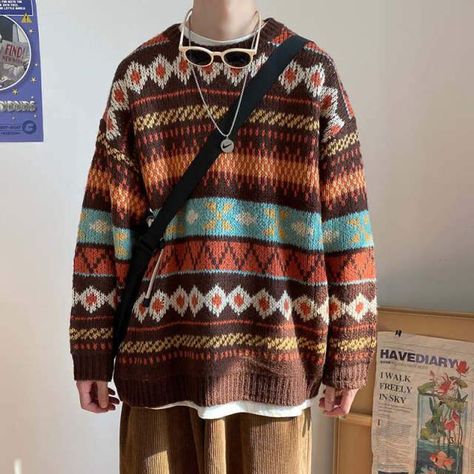 Vintage Aesthetic Patterned Unisex Sweater – Aesthetics Soul The Cardigans, Korean Streetwear, Vintage Pullovers, Graphic Sweaters, Harajuku Streetwear, Streetwear Mens, Spring Sweater, Men's Knit, Casual Sweaters