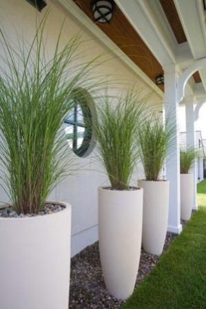 LANDSCAPE : PLANTERS ~~ Really like this vertical, elongated arrangement. Grasses are light and wispy. Clean, simple. Pretty framing of the house. Big Pot Ideas Planters, Grass Plants In Pots, Grass In Planters, Landscape Planters, Deck Screen, Big Pots, White Pots, Ornamental Grass, Patio Planters