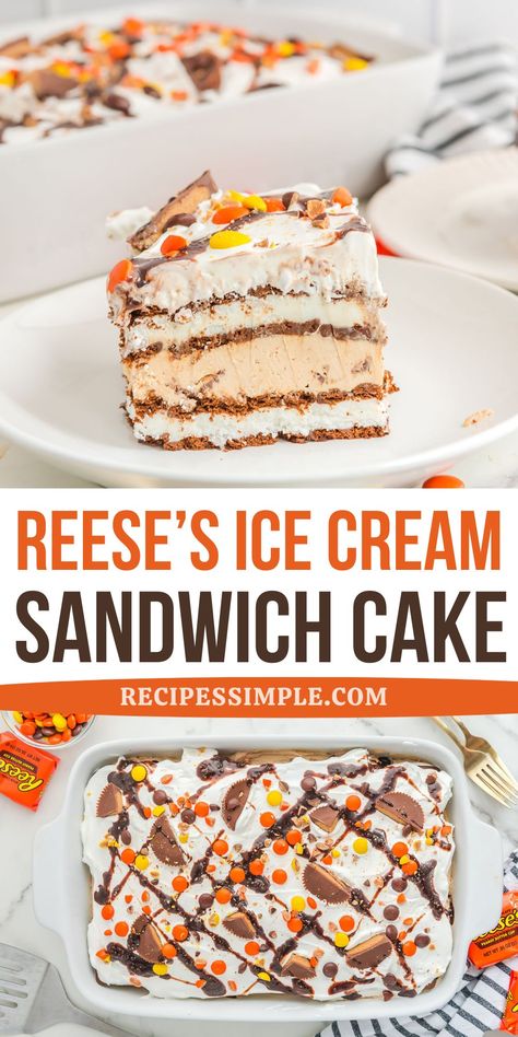 This Reese's Ice Cream Sandwich Cake is an easy frozen dessert recipe. It has layers of vanilla ice cream sandwiches, rich peanut butter cream cheese filling, and colorful candy toppings. Desserts Made With Ice Cream Sandwiches, Heath Bar Ice Cream Cake, Dessert With Ice Cream Sandwiches, I E Cream Sandwich Ice Cream Cake, Ice Cream Sandwich Cakes, Ice Cream Cakes Birthday, Ice Cream Cakes Homemade, Chocolate Ice Cream Cake Recipe, Ice Cream Cake Birthday