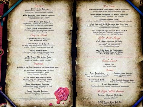 Pirates Dinner Menu Fantasy October 2015 Disney Dinner And Movie Night, Caribbean Dinner, Disney Cruise Pirate Night, Halloween Party Menu, Pirates Dinner, Ginger Green Tea, Pirate Halloween Party, Pirate Names, Movie Night Food