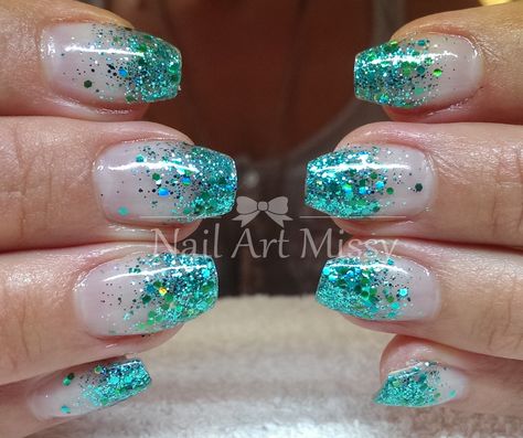 Teal Glitter Ombre Nails, Turquoise Wedding Nails For Bride, Teal Wedding Nails For Bride, Turquoise Sparkle Nails, Glitter Fade Nails Ombre, Aqua Glitter Nails, Sparkly Turquoise Nails, Tiffany Blue Nails With Glitter, Teal Wedding Nails