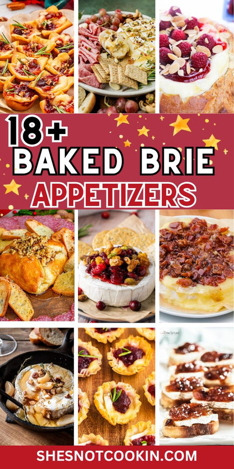 Photo collage of baked brie appetizers with text overlay. Baked Brie Appetizer Christmas, Easy Brie Appetizer 3 Ingredients, Brie Appetizer Thanksgiving, Christmas Appetizers With Brie, Christmas Party Food For A Crowd Appetizers Baked Brie, Bre Appetizers, Brie And Jelly Appetizer, Baked Brie Charcuterie Board Ideas, Brie Appetizers Easy