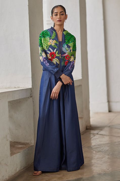 Shop for these amazing collections of Blue Denim Tencel Embroidered Floral Band Tropical Forest Jacket For Women by Betrue online at Aza Fashions. Denim Party Outfit For Women, Denim Party Outfit, Denim Palazzo, Special Outfits, Upcycled Jeans, Asymmetric Jacket, Drape Saree, Palazzo Pant, Tropical Forest