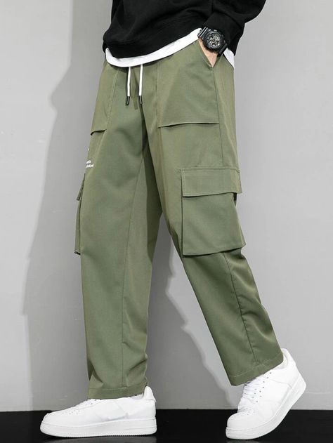 Is That The New Guys Slogan Graphic Flap Pocket Drawstring Waist Pants ??| ROMWE USA Green Cargo Pants Outfit, Baggy Pants Men, Sporty Casual Outfits, Cargo Pants Outfit Men, Boys Cargo Pants, Cargo Outfit, Pants Outfit Men, Drawstring Waist Pants, Baggy Cargo Pants