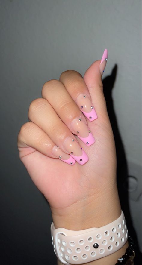 Pink Nails Gems Bling, Summer Nails With Rhinestones, Pink Rhinestone Nails, Nails Acrylic Pink, Summer Nails Pink, Sweet 16 Nails, Prom 2k24, Pink Nails Acrylic, 16 Nails