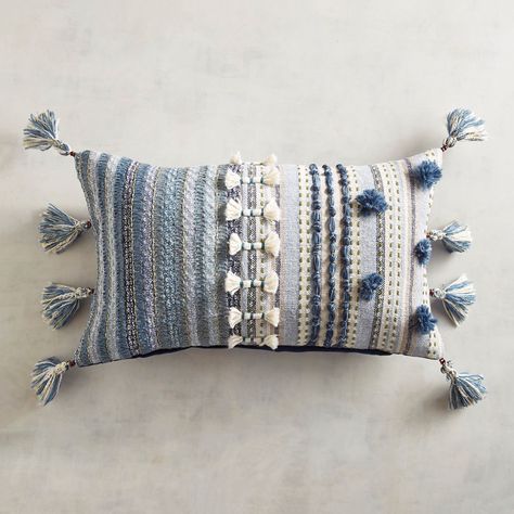 Multitextured Blue Striped Lumbar Pillow with Tassels | Pier 1 Imports Weaving Products, Chunky Pillow, Cozy Living Room Furniture, Pillow With Tassels, Theme Inspiration, Pillow Arrangement, Boho Cushions, Apartment Furniture, Indoor Patio Furniture