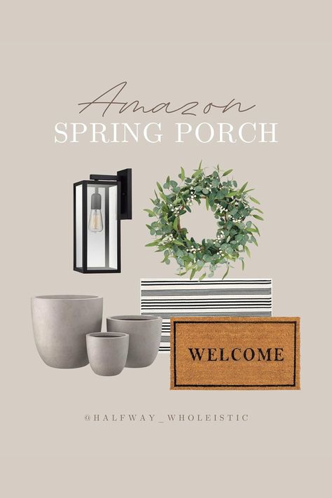 Looking for affordable front porch decor ideas? Amazon has neutral spring decor perfect for decorating your front porch. From stone pots to stripe welcome mats to outdoor lights, find simple porch decor ideas. Neutral Front Porch, Narrow Porch Decorating Ideas, Simple Porch Decor, Simple Front Porch Ideas, Neutral Spring Decor, Modern Front Porch Decor, Decorating Your Front Porch, Small Front Porch Decor, Simple Front Porch