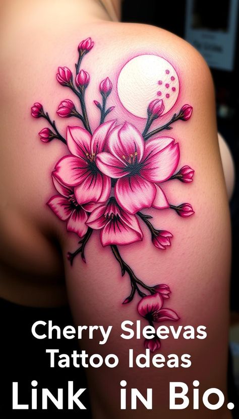 Get inspired by cherry blossom tattoo ideas that capture the fleeting beauty of nature. Perfect for those who love delicate floral designs. Cherry Blossom Chest Tattoo, Japanese Cherry Blossom Tattoo Shoulder, Pink Flowers Tattoo, Cherry Flower Tattoo, Bae Tattoo, Cherry Blossom Tattoo Ideas, Cherry Blossom Tattoo Shoulder, Pink Flower Tattoos, Cherry Blossom Tattoo