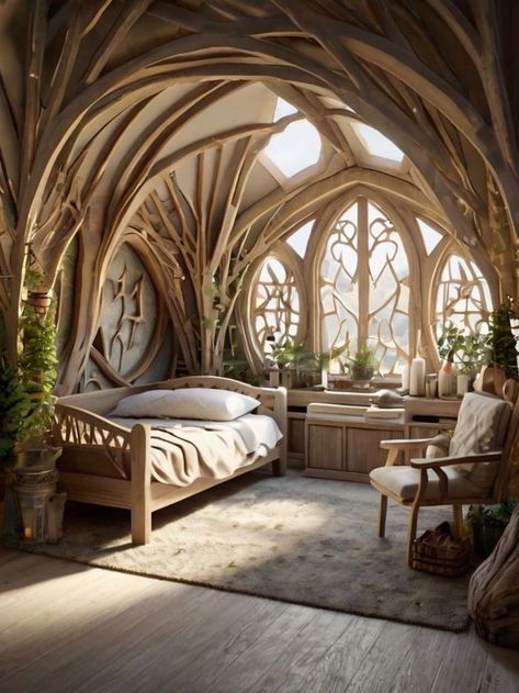 Elvish Interior Design, Elven House Interior, Rivendell Aesthetic Bedroom, Fantasy Home Aesthetic, Elvish Home Decor, Elven Castle Interior, Rivendell Bedroom, Rivendell Architecture, Rivendell Lotr