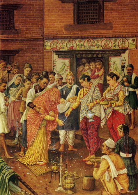 Wedding Ceremony. By Chandra M. S. Maskey. Nepal. 1950s. Oil on canvas. Newari Wedding, Newari Painting, Vintage Indian Clothing, Newari Art, Architectural Background, Nepal Art, Nepal Culture, Painting Wedding, Room Aesthetics