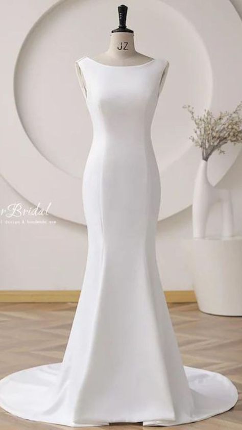 Plain and Minimalist Simple Mermaid Wedding Dresses 2023 Boat Neck Wedding Dress, Beach Minimalist, Civil Wedding Dress, Bridal Wedding Gowns, 2023 Beach, Backless Wedding Dresses, Custom Wedding Dresses, Simple Wedding Dress, Glam Look