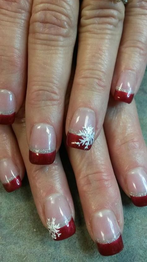 Christmas Nails Gel - Never miss the fantastic and greatest deal. Click to visit and discover more! Pretty Christmas Nails French Tips, Red Tip Nails With Snowflake, Christmas White Tip Nails, Pink French Tip Nails Christmas, Xmas Nails Designs Simple Christmas French Manicures, Red Tip Nails Christmas, Red French Tips Christmas, 90s Christmas Nails, French Nails With Christmas Design