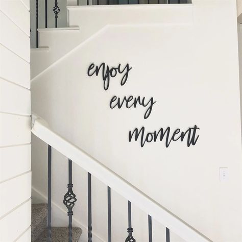 Wall Words Decor, Diy Wall Decorations, Farmhouse Quotes, Apartment Hallway, Hall Ways Ideas, Wood Hallway, Stairwell Ideas, Collage Decor, Adventure Wall