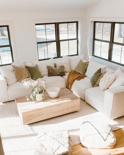 living room sources — forthehome Cream Sofa Apartment, Cream Color Sectional Living Room, Sand Color Furniture Living Room, Natural Airy Living Room, Neutral Light Living Room, Cream L Couch Living Room, Cream Couch Aesthetic, Cream Sofa Aesthetic, Living Room Decor With Cream Couch