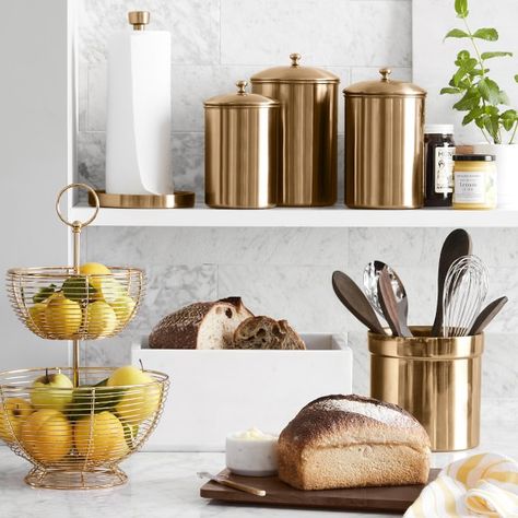 Gold Paper Towel Holder | Williams Sonoma Kitchen Counter Styling Paper Towel, Marble Bread, David Burke, Gold Jars, Gold Kitchen Accessories, Utensil Organizer, Kitchen Counter Organization, Gold Home Accessories, Transitional Dining