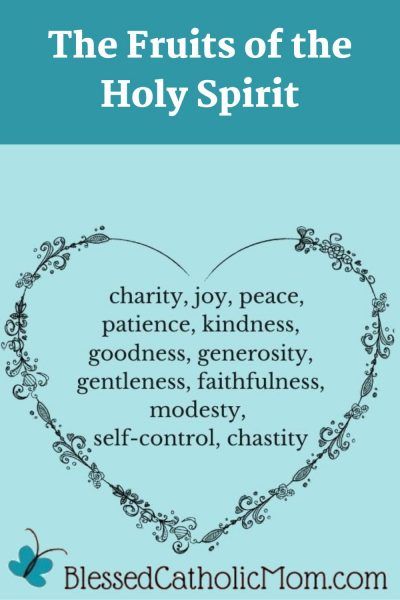 Image of a graphic titled The Fruits of the Holy Spirit. Inside a decorative heart are the gifts: charity, joy, peace, patience, kindness, goodness, generosity, gentleness, faithfulness, modesty, self-control, chastity. Below the image is the logo for Blessed Catholic Mom. The text is black and the background is a light blue. 12 Fruits Of The Holy Spirit, Fruits Of The Holy Spirit, Sacred Heart Devotion, Catholic Bible Verses, Brother Lawrence, Christian Spirituality, Freedom In Christ, Catholic Bible, Bible Resources