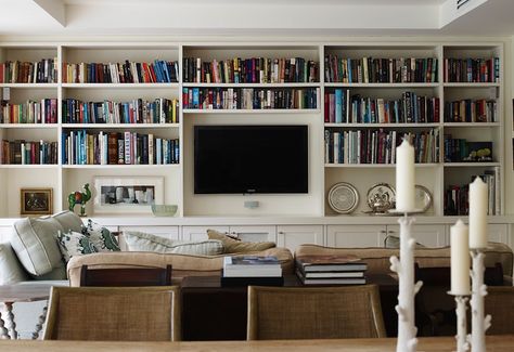 living room with lots of book shelves Living Room Built In Cabinets, Built In Wall Shelves, Shelving Units Living Room, Very Small Bathroom, Room Bookshelf, Bookshelves In Living Room, Built In Cabinet, Flat Screen Tv, Bookcase Wall