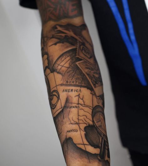 Africa Arm Tattoo, Atlas Arm Tattoo, Forearm Map Tattoo Men, African Map Tattoo, Map Of Africa Tattoo, World Map Tattoos, Tricep Tattoos, Arm Tattoos For Guys Forearm, Curly Hair Fade