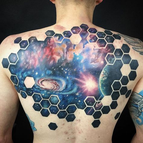 Chest Space Tattoo, Hexagon Space Tattoo, Galaxy Back Tattoo, Galaxy Ideas, Outer Space Tattoos, Tattoo Space, Tattoo Mens, Hexagon Tattoo, Honeycomb Tattoo