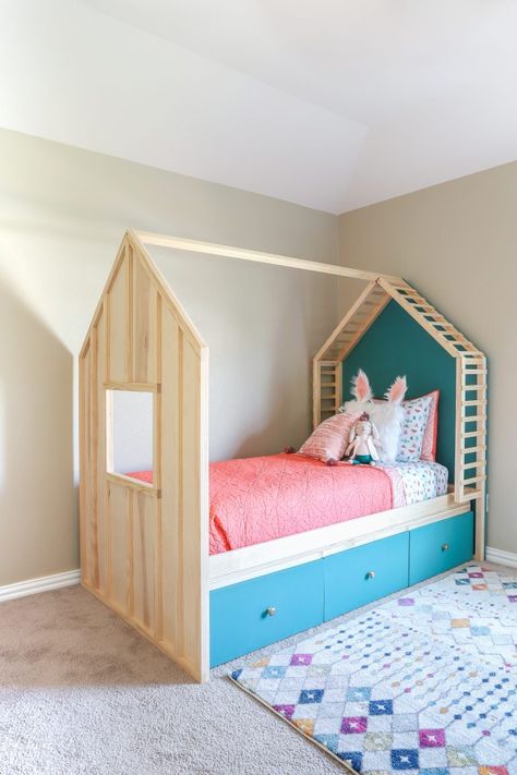 How to build a DIY kids house bed with storage House Bed Plans, Diy House Bed, Kid's Bed, Jen Woodhouse, Kids Beds With Storage, House Beds For Kids, Diy Sliding Barn Door, Bed Storage Drawers, Twin Mattress Size