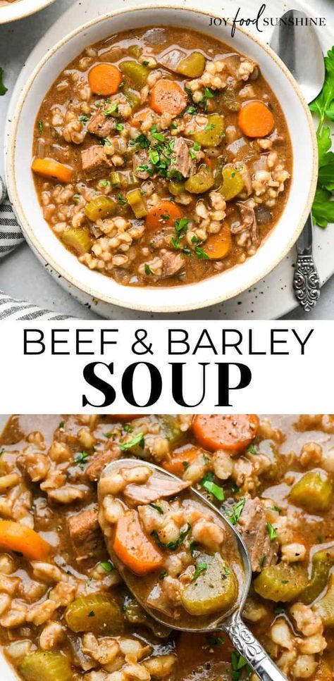 This slow cooker beef barley soup only takes 10 minutes to prepare and is loaded with tender beef, veggies and barley. Beef and barley soup is a healthy & hearty meal your whole family will love. Beef Barely Soup Soup, Beef Barley Soup With Ground Beef, Ground Beef And Barley Soup, Beef Neck Bones Recipe Slow Cooker, Beef Barely Soup, Easy Beef Barley Soup, Crockpot Beef Barley Soup, Slow Cooker Beef Barley Soup, Healthy Hearty Soup