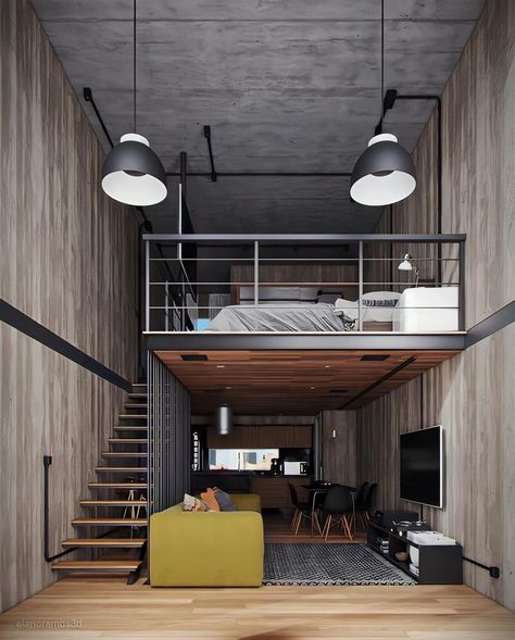 Industrial Studio Apartment, Lofts Ideas, Single Apartment, Cozy Workspace, Studio Apartment Living, Productive Work, Mini Loft, Mezzanine Floor, Small Cafe Design