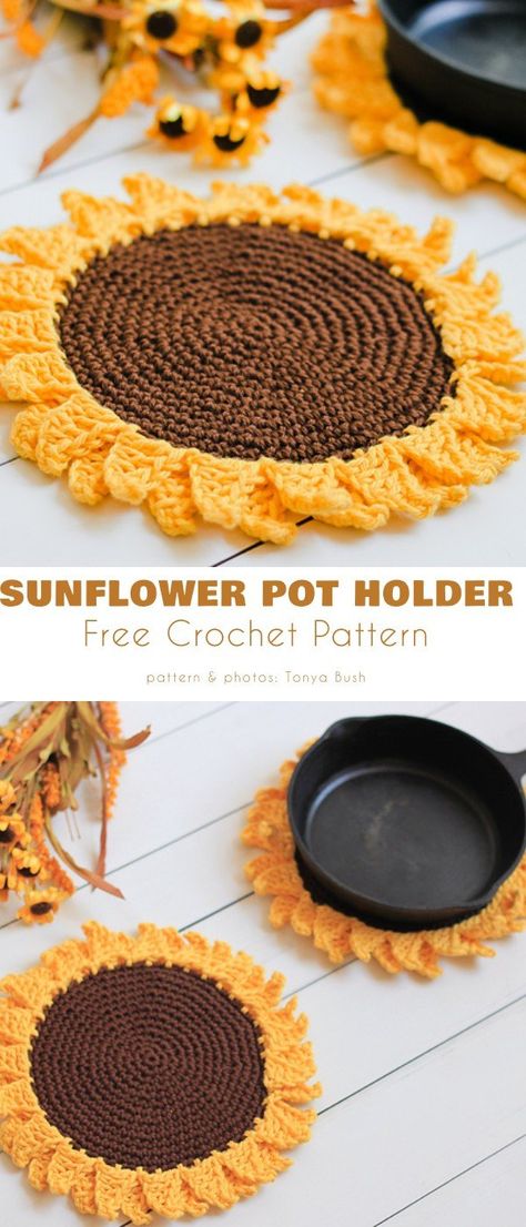 Sunflower Pot Holder, Bathroom Crochet, Sunflower Pot, Crochet Skull Patterns, Crochet Queen, Crochet Pot Holders Free Pattern, Kitchen Crochet, Crochet Potholder, Crochet Potholder Patterns