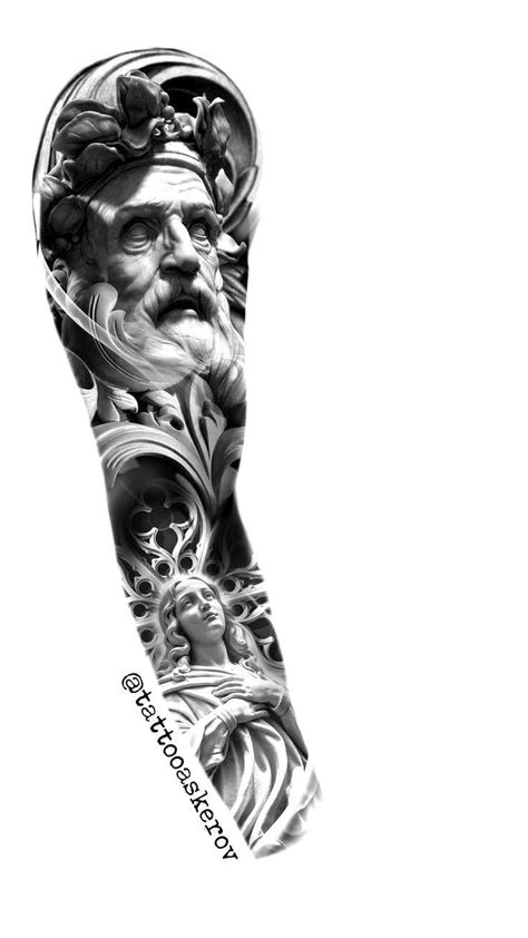 Zeus Statue Tattoo, Greek Mythology Tattoo Design, Full Arm Tattoo Design, Throne Tattoo, Statue Tattoo Design, Greek Tattoo Design, Greek Statue Tattoo, Clock Tattoo Sleeve, Full Sleeve Tattoo Ideas