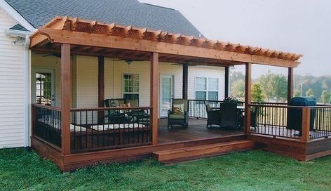 Backyard Patio Deck, Patio Design Ideas, Patio Deck Designs, Mobile Home Porch, Deck Designs Backyard, Wooden Pergola, Backyard Pergola, Casa Exterior, Decks Backyard