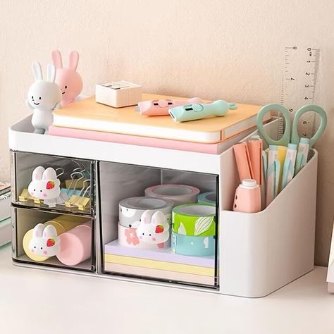 Cute Organizers For Desk, Cute Makeup Brush Holder, Cute Desk Organization Ideas, Stationery Organization Ideas, Organizers Aesthetic, Small Drawer Organizer, Kids Desk Organization, Clear Drawers, Desk Organisers