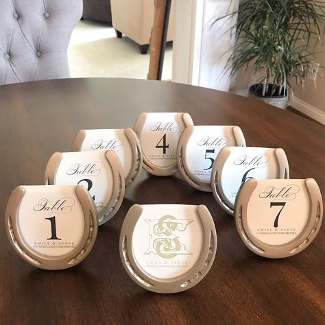 Horseshoe table numbers for an elegant Kentucky wedding #weddingplanning #wedding Horseshoe Table Numbers, Horseshoe Table, Horseshoe Wine Rack, Country Girl Gifts, Wine Bottle Display, Equestrian Wedding, Western Themed Wedding, Table Assignments, Wedding Horseshoes